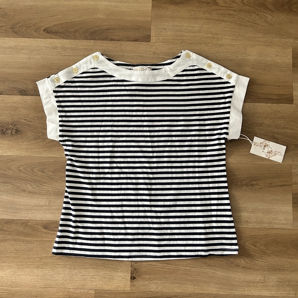 TRU Self Striped Button Shoulder Top - Size Small - Classic & Chic- NWT
